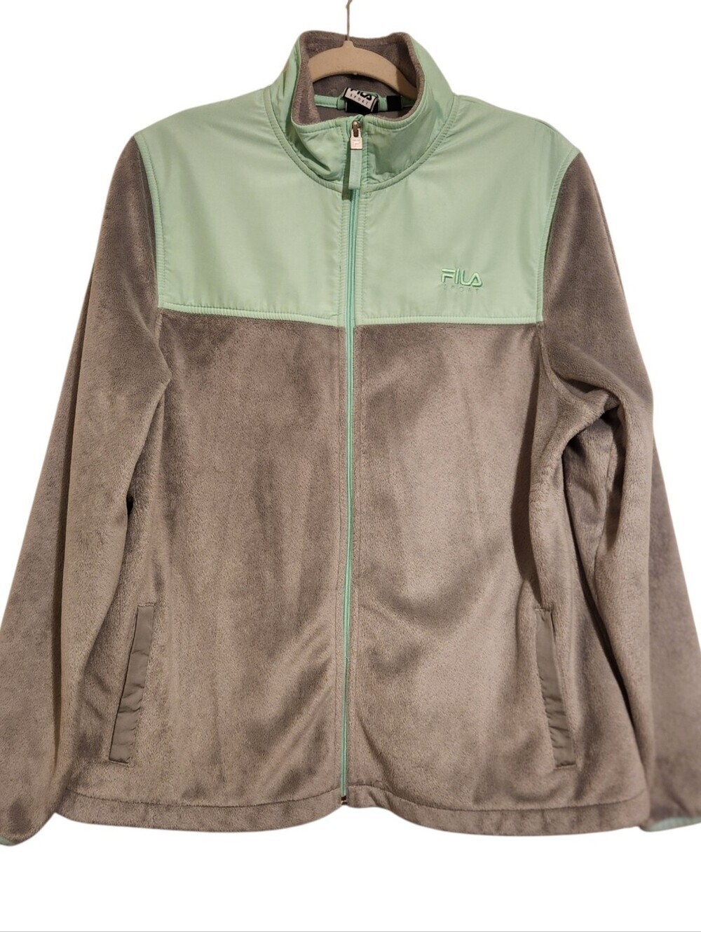 Fila Sport | Women's Gray & Green Colorblock Full Zipper Sweatshirt (Size XL)
